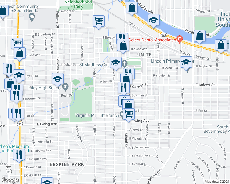 map of restaurants, bars, coffee shops, grocery stores, and more near 1914 Dale Avenue in South Bend
