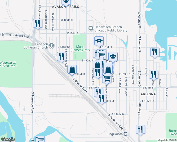 map of restaurants, bars, coffee shops, grocery stores, and more near 13300 South Houston Avenue in Chicago
