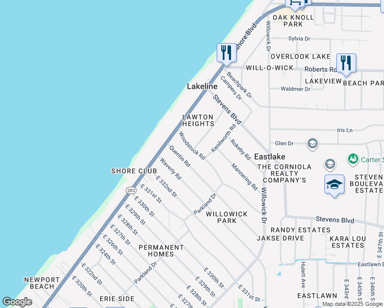 map of restaurants, bars, coffee shops, grocery stores, and more near 438 Quentin Road in Eastlake