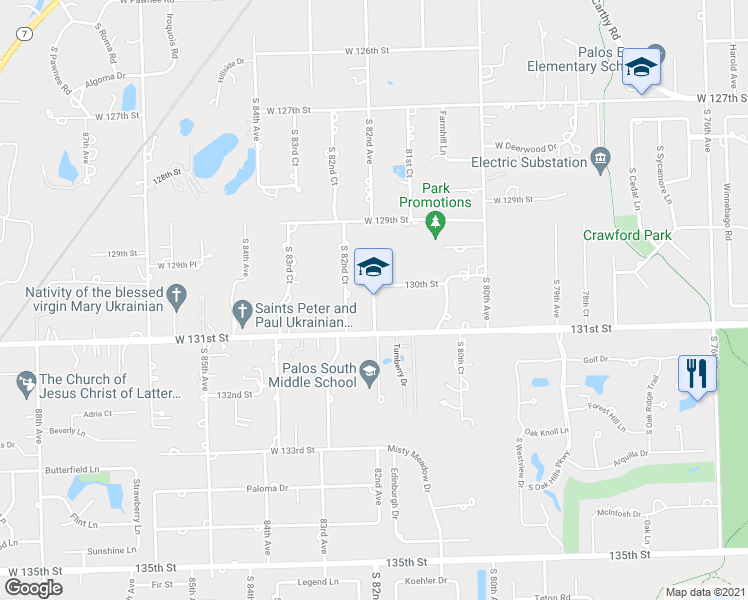 map of restaurants, bars, coffee shops, grocery stores, and more near 13100 South 82nd Avenue in Palos Park