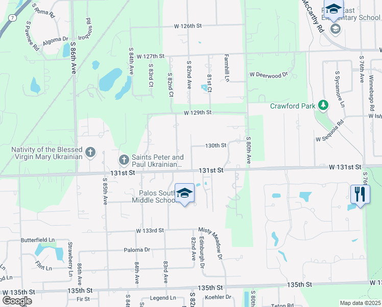 map of restaurants, bars, coffee shops, grocery stores, and more near 13100 South 82nd Avenue in Palos Park