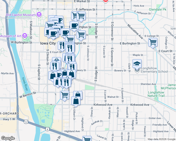 map of restaurants, bars, coffee shops, grocery stores, and more near South Johnson Street & Bowery Street in Iowa City
