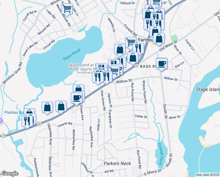 map of restaurants, bars, coffee shops, grocery stores, and more near 2 Spruce Street in Yarmouth