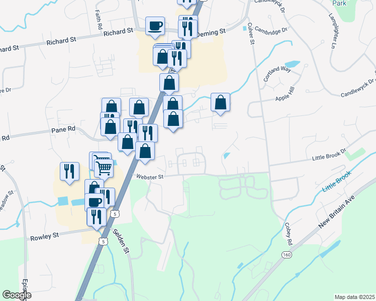 map of restaurants, bars, coffee shops, grocery stores, and more near 58 Webster Court in Newington