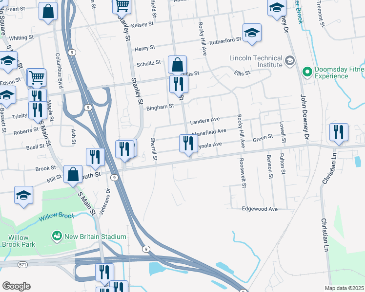 map of restaurants, bars, coffee shops, grocery stores, and more near 8 East Street in New Britain
