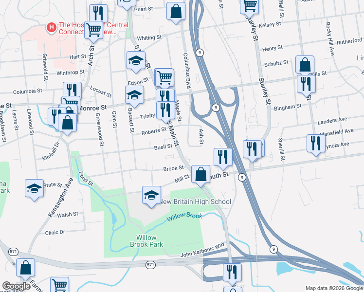 map of restaurants, bars, coffee shops, grocery stores, and more near 416 South Main Street in New Britain