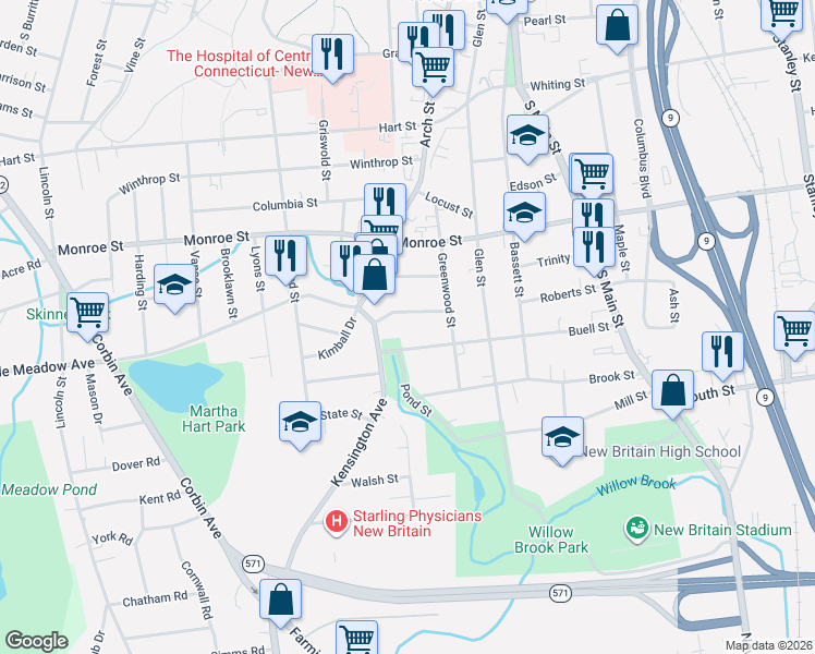 map of restaurants, bars, coffee shops, grocery stores, and more near 245 Buell Street in New Britain