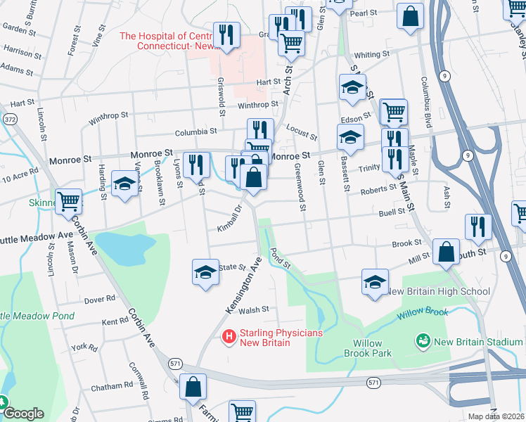 map of restaurants, bars, coffee shops, grocery stores, and more near 245 Buell Street in New Britain