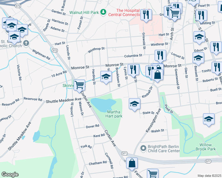 map of restaurants, bars, coffee shops, grocery stores, and more near 172 Shuttle Meadow Avenue in New Britain