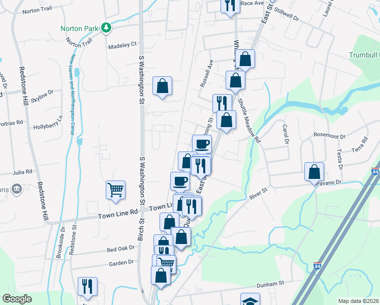 map of restaurants, bars, coffee shops, grocery stores, and more near 66 Atwood Street in Plainville