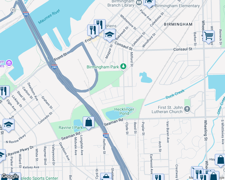 map of restaurants, bars, coffee shops, grocery stores, and more near 2035 Birchard Street in Toledo
