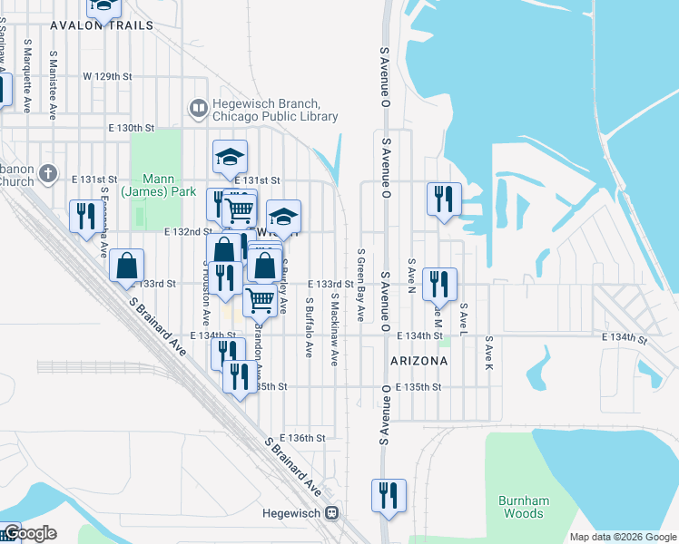 map of restaurants, bars, coffee shops, grocery stores, and more near 13303 South Mackinaw Avenue in Chicago