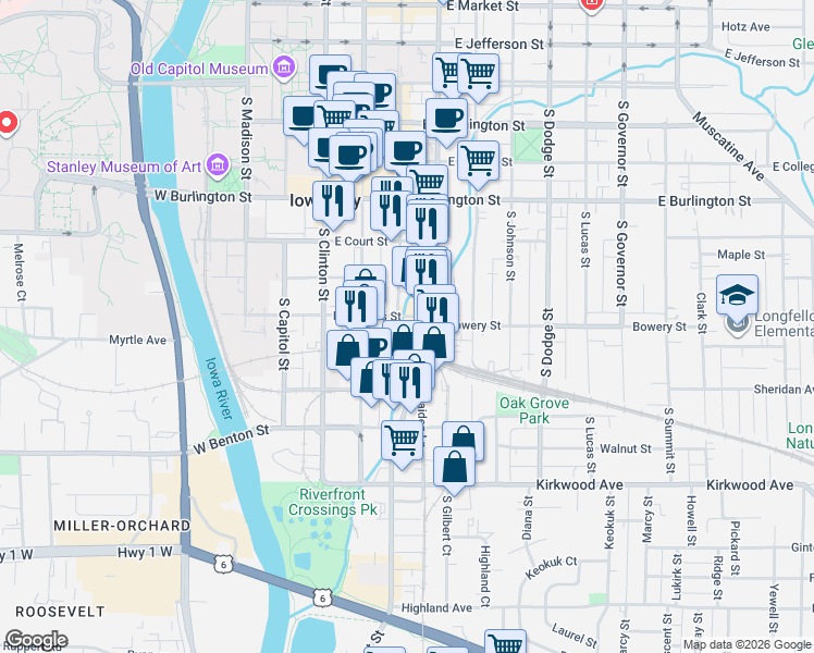 map of restaurants, bars, coffee shops, grocery stores, and more near 625 South Gilbert Street in Iowa City