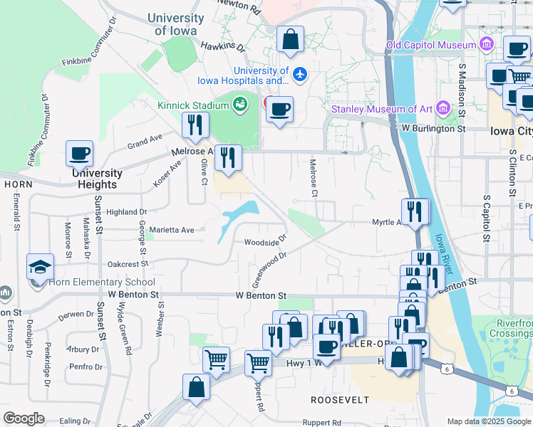 map of restaurants, bars, coffee shops, grocery stores, and more near 719 Oakcrest Street in Iowa City