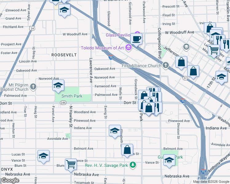 map of restaurants, bars, coffee shops, grocery stores, and more near 703 Palmwood Avenue in Toledo