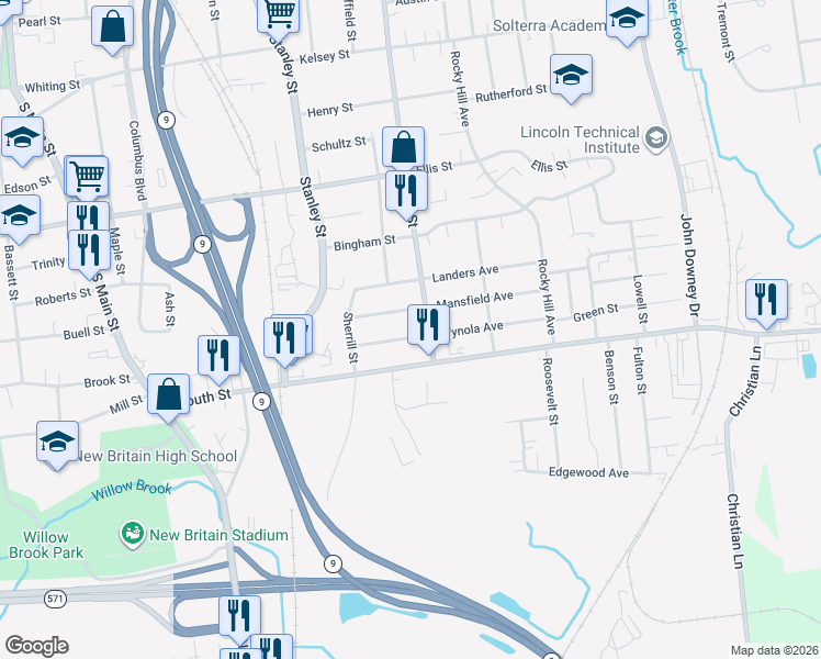 map of restaurants, bars, coffee shops, grocery stores, and more near 8 East Street in New Britain