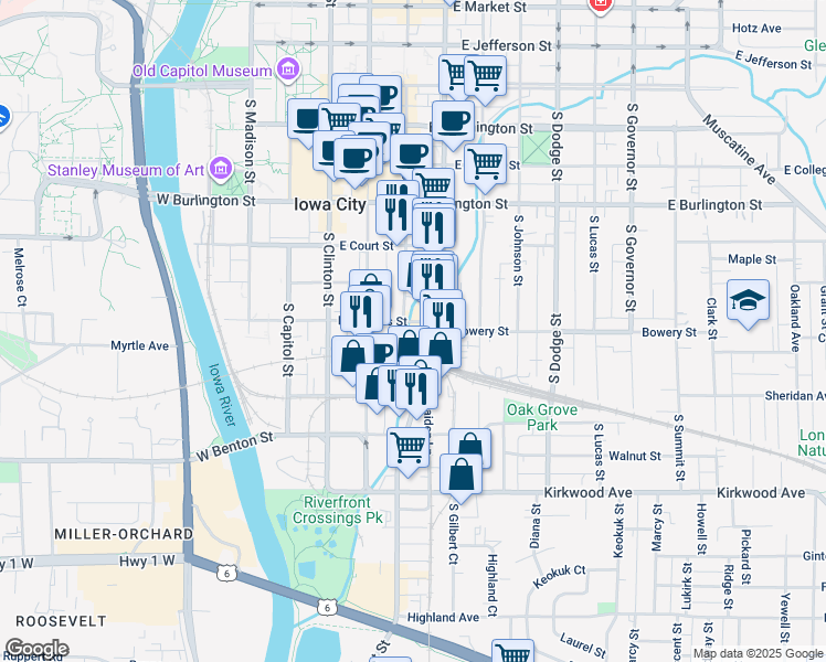 map of restaurants, bars, coffee shops, grocery stores, and more near 625 South Gilbert Street in Iowa City