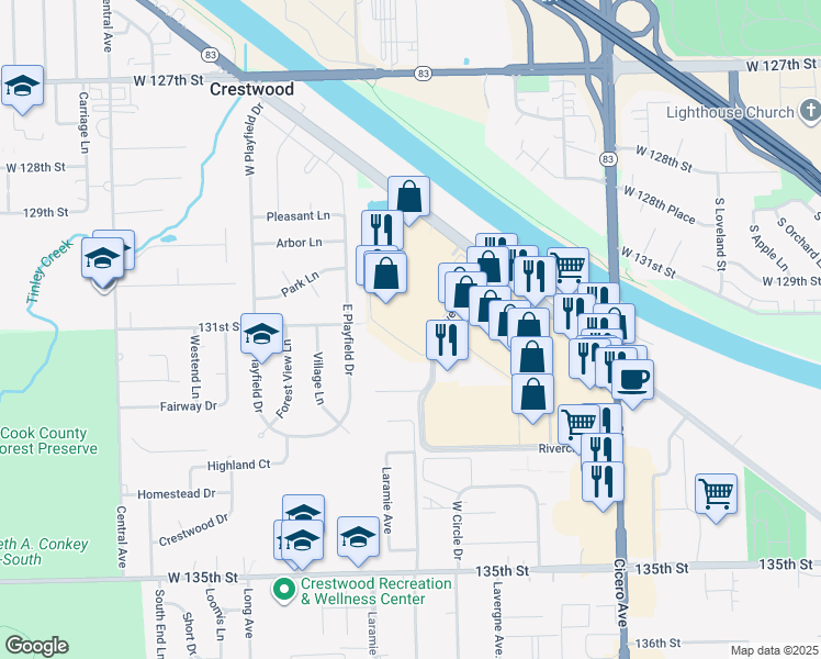 map of restaurants, bars, coffee shops, grocery stores, and more near 13130 Rivercrest Drive in Crestwood
