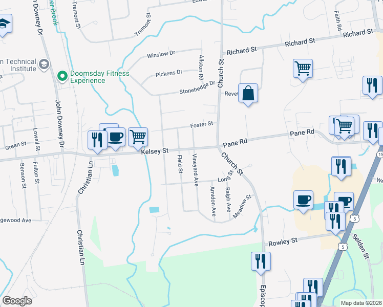 map of restaurants, bars, coffee shops, grocery stores, and more near 43 Kelsey Street in Newington