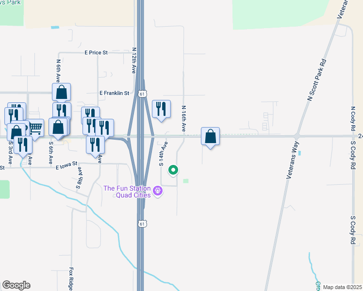 map of restaurants, bars, coffee shops, grocery stores, and more near 201 S 16th Ave in Eldridge