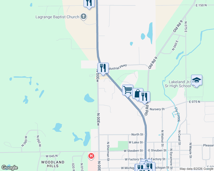 map of restaurants, bars, coffee shops, grocery stores, and more near 1000 North 00Ew in LaGrange
