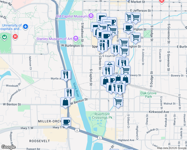 map of restaurants, bars, coffee shops, grocery stores, and more near 600 South Capitol Street in Iowa City