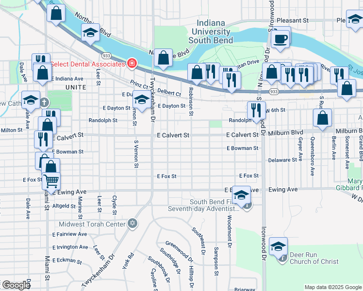 map of restaurants, bars, coffee shops, grocery stores, and more near 1629 East Bowman Street in South Bend
