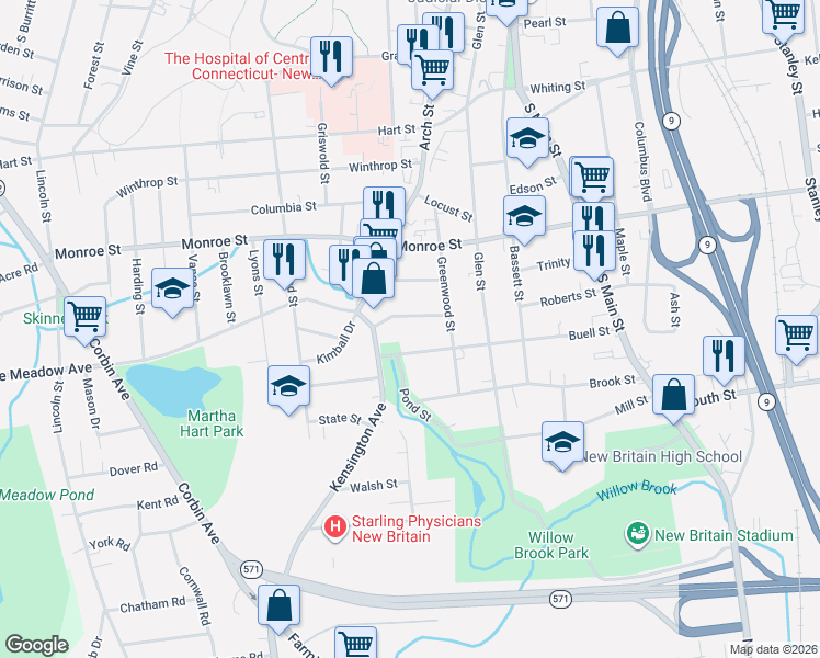 map of restaurants, bars, coffee shops, grocery stores, and more near 245 Buell Street in New Britain