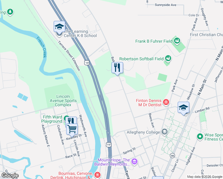 map of restaurants, bars, coffee shops, grocery stores, and more near 18-118 Echnoz Avenue in Meadville
