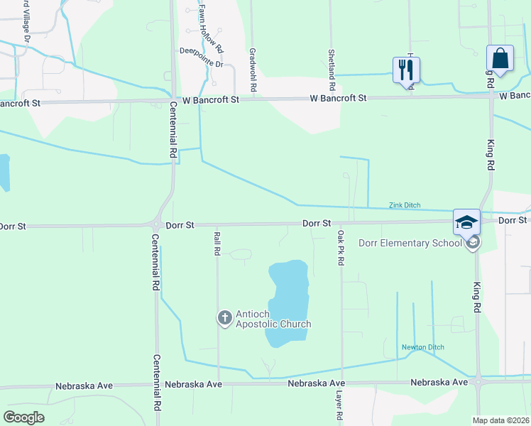 map of restaurants, bars, coffee shops, grocery stores, and more near 8055 Dorr Street in Toledo