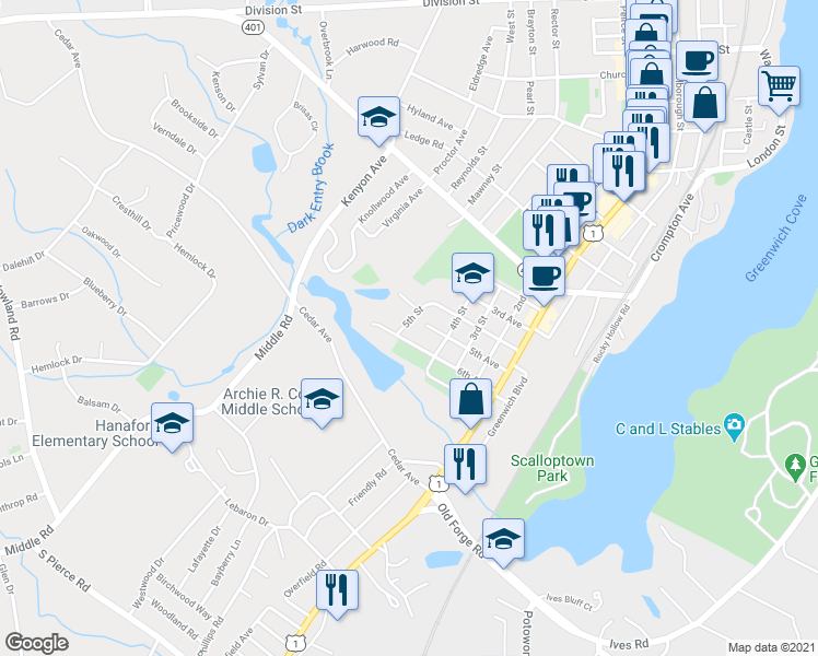 map of restaurants, bars, coffee shops, grocery stores, and more near 42 5th Street in East Greenwich