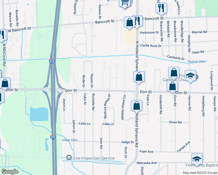 map of restaurants, bars, coffee shops, grocery stores, and more near 1230 Bedford Woods Drive in Toledo