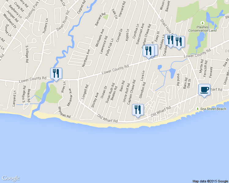 map of restaurants, bars, coffee shops, grocery stores, and more near 46 Beaten Road in Dennis
