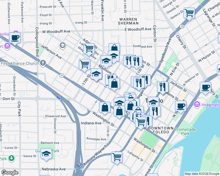 map of restaurants, bars, coffee shops, grocery stores, and more near in Toledo
