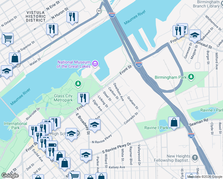map of restaurants, bars, coffee shops, grocery stores, and more near 144 Carbon Street in Toledo
