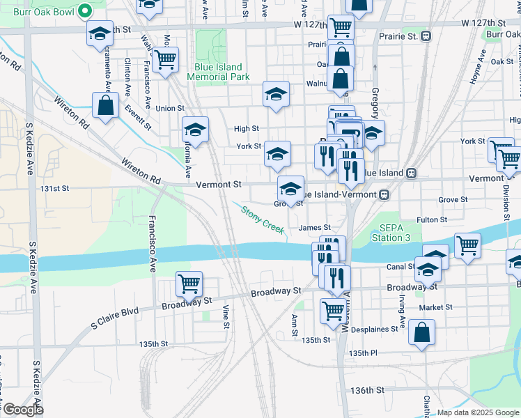 map of restaurants, bars, coffee shops, grocery stores, and more near 2613 Grove Street in Blue Island