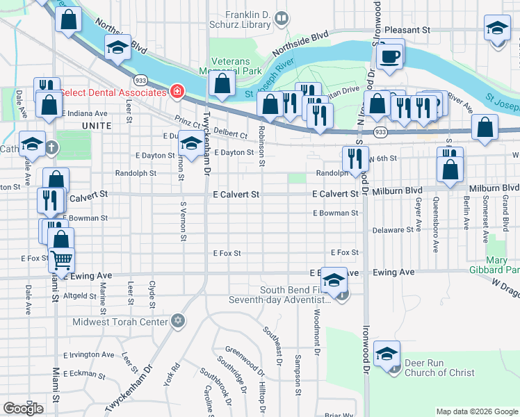 map of restaurants, bars, coffee shops, grocery stores, and more near 1649 East Bowman Street in South Bend