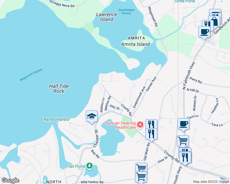 map of restaurants, bars, coffee shops, grocery stores, and more near 181 County Road in Falmouth