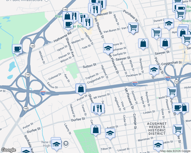 map of restaurants, bars, coffee shops, grocery stores, and more near 38 Harvard Street in New Bedford