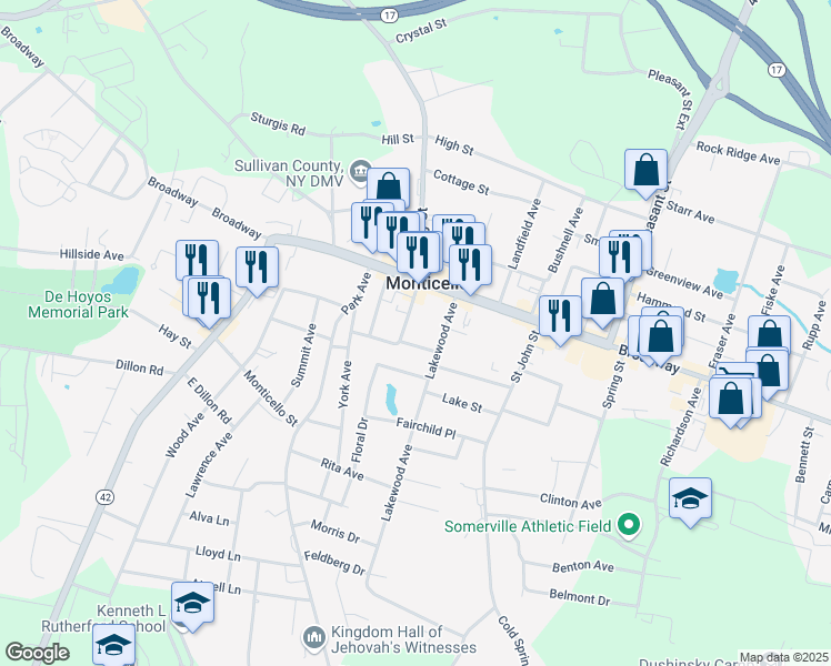 map of restaurants, bars, coffee shops, grocery stores, and more near 8 Garden Drive in Monticello