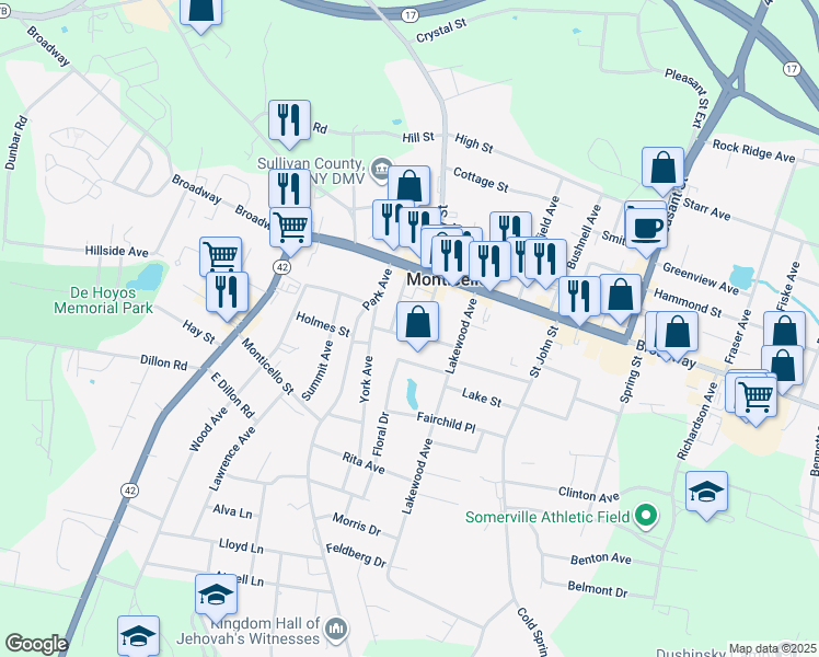 map of restaurants, bars, coffee shops, grocery stores, and more near 20 Garden Drive in Monticello