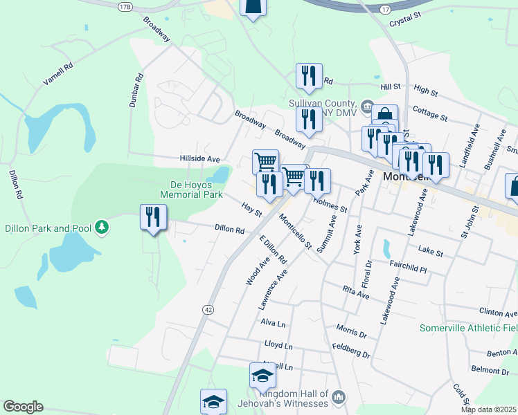 map of restaurants, bars, coffee shops, grocery stores, and more near 62 Forestburgh Road in Monticello