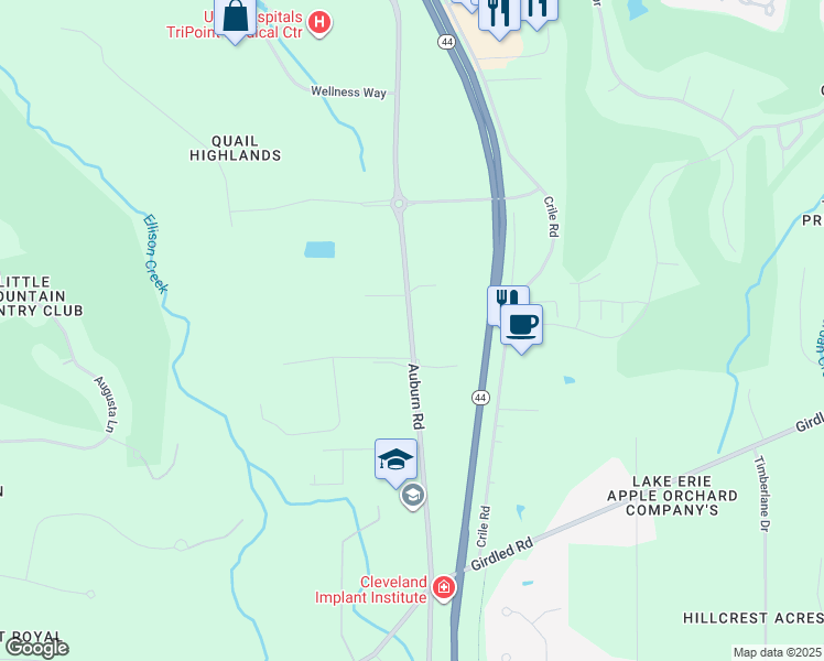 map of restaurants, bars, coffee shops, grocery stores, and more near 8004 Auburn Road in Painesville