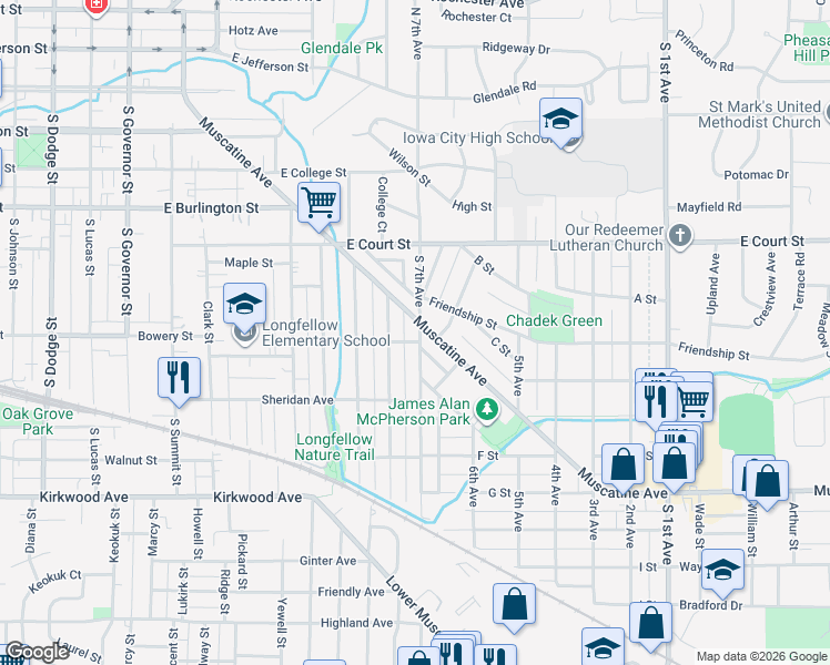 map of restaurants, bars, coffee shops, grocery stores, and more near 709 South 7th Avenue in Iowa City