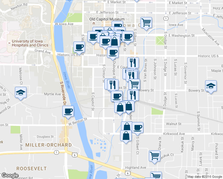 map of restaurants, bars, coffee shops, grocery stores, and more near 628 South Dubuque Street in Iowa City