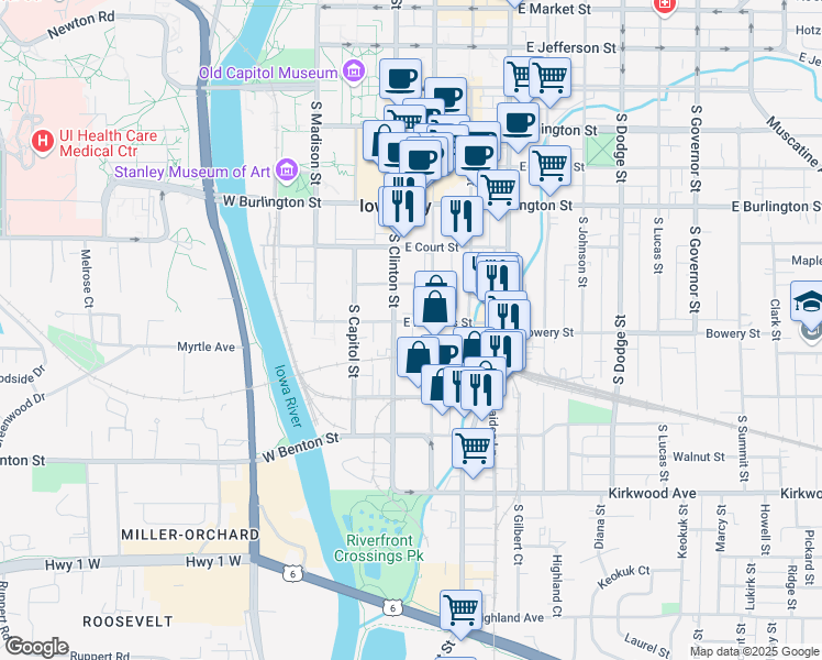 map of restaurants, bars, coffee shops, grocery stores, and more near 710 South Clinton Street in Iowa City