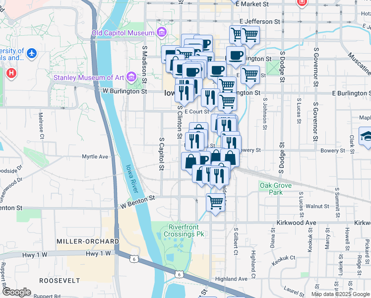map of restaurants, bars, coffee shops, grocery stores, and more near 710 South Clinton Street in Iowa City