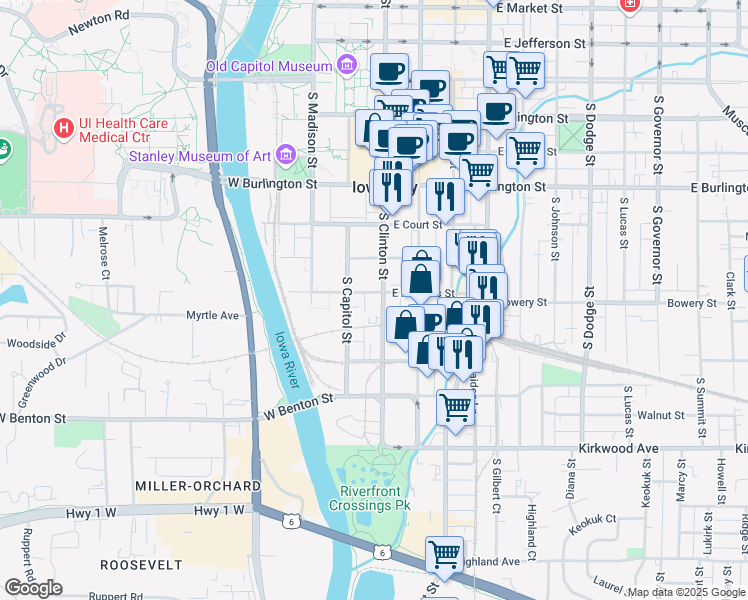 map of restaurants, bars, coffee shops, grocery stores, and more near 710 South Clinton Street in Iowa City