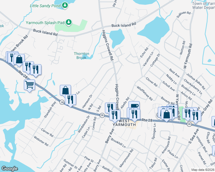 map of restaurants, bars, coffee shops, grocery stores, and more near 9 Calico Road in Yarmouth
