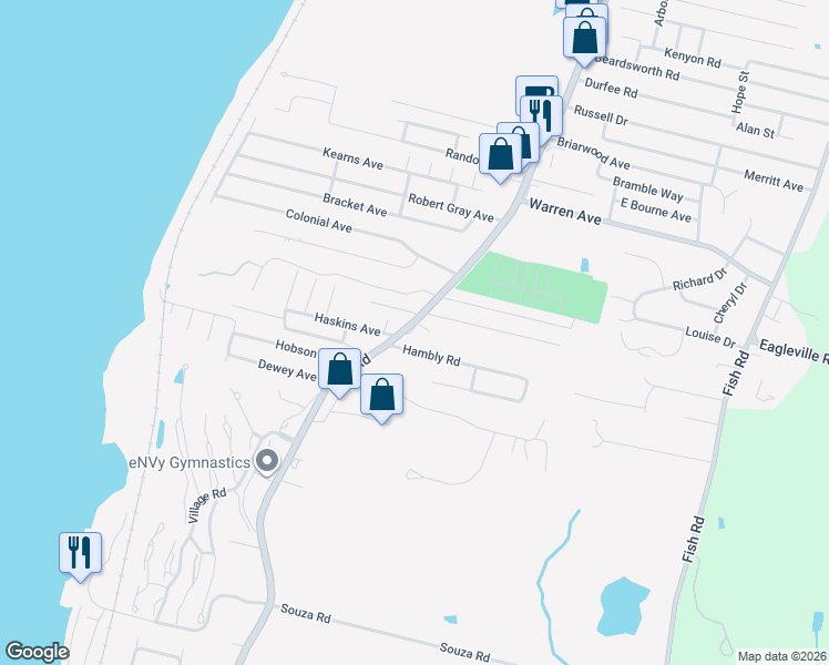 map of restaurants, bars, coffee shops, grocery stores, and more near 39 Hambly Road in Tiverton